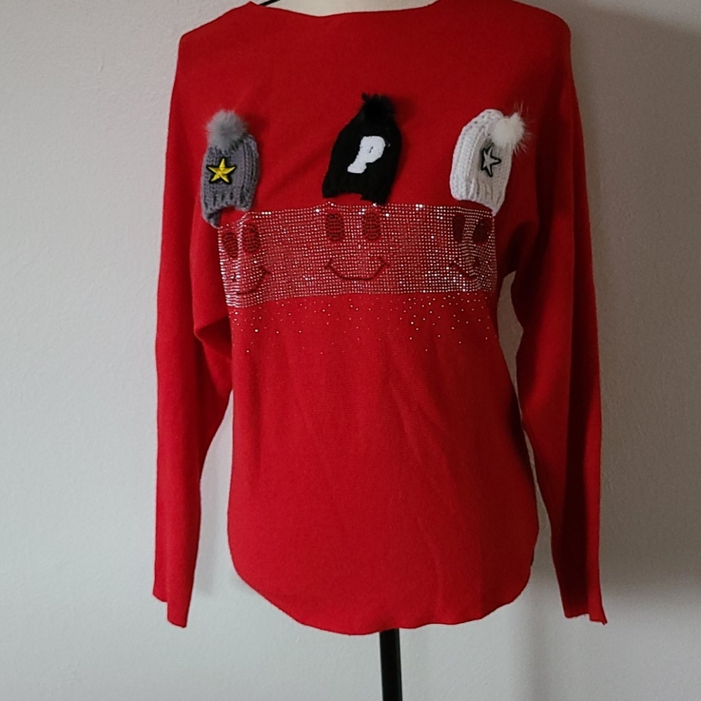 Red Sweater with Fun beanies and faces